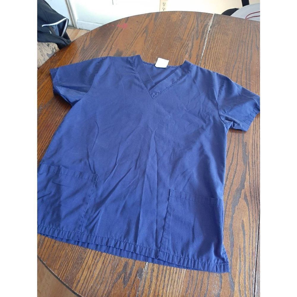 Medium All Heart Blue Scrub Top Shirt V-Neck Short Sleeve